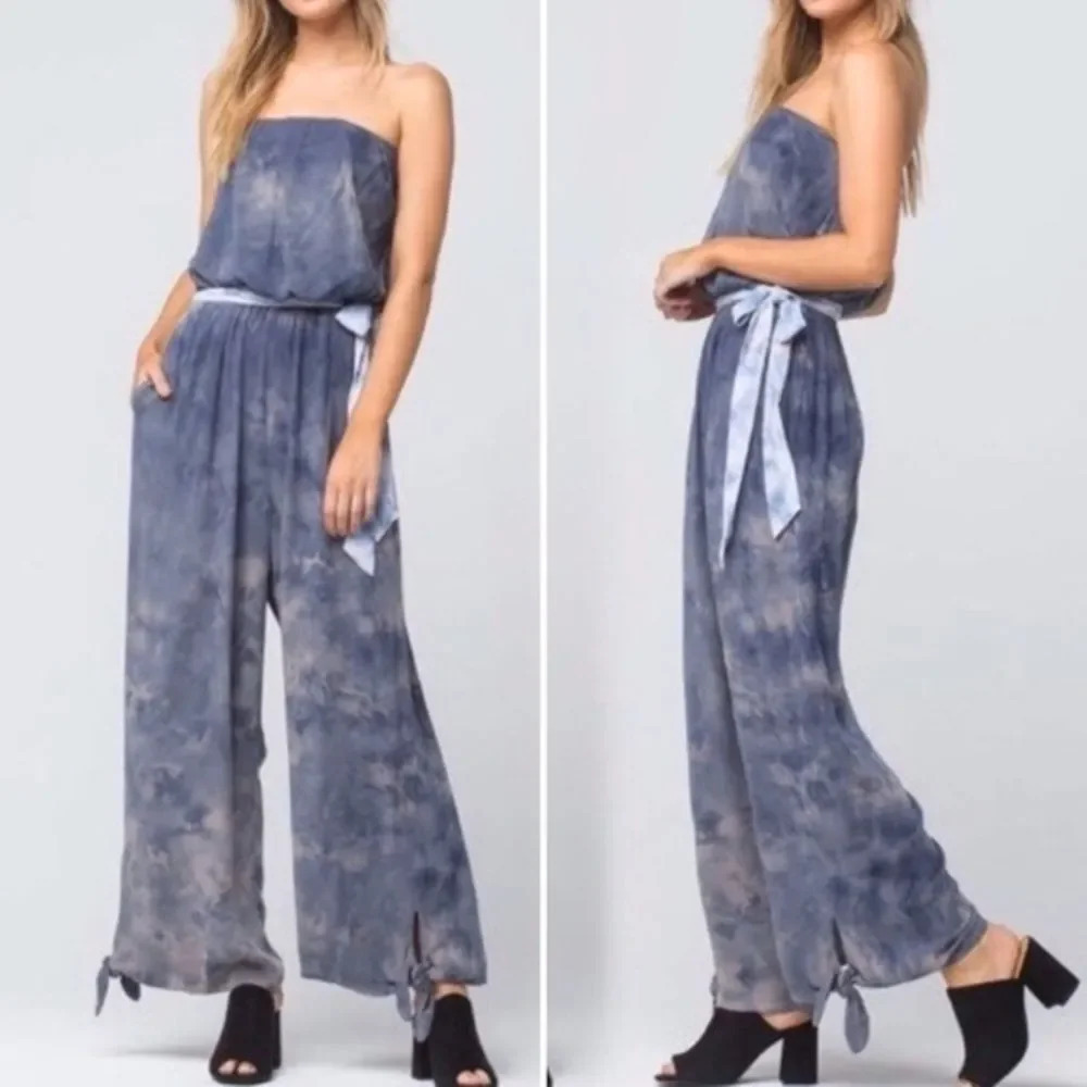 Free People Blue Strapless Jumpsuit